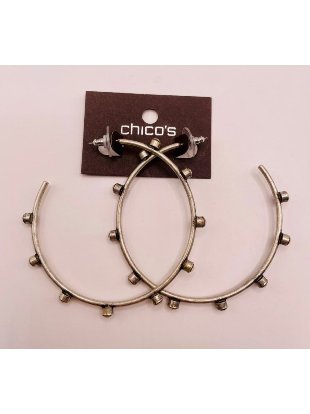 New Chico's Silver-Tone Studded Hoop Earrings Rhinestone Accents